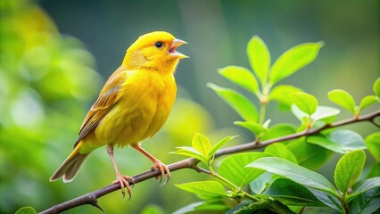 Obraz premium A small yellow canary perched on a branch of a lush green tree, singing loudly in the morning dew, dew, branches, canary, morning sun