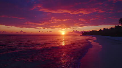 Stunning sunset over the tranquil beach in the maldives islands with colorful sky and gentle waves