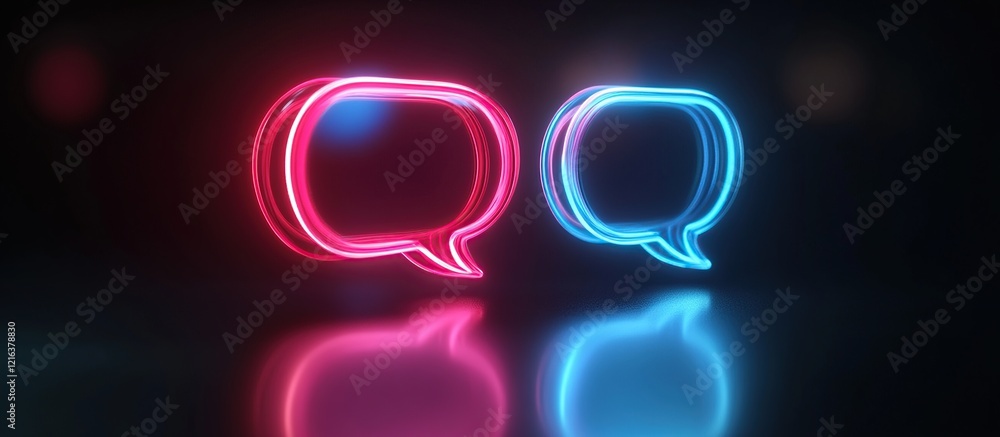 Poster neon glowing speech bubbles reflecting light dynamically in dark setting