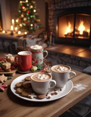 A snowy scene featuring a plate of hot cocoa and Christmas cookies by the fireplace, cozy fireplace, winter wonderland