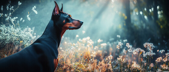 Majestic Doberman Pinscher Dog Adventuring Through a Magical Glade Surrounded by Lush Greenery and Sunlight Capturing the Spirit of Nature and Canine Curiosity in a Serene Setting