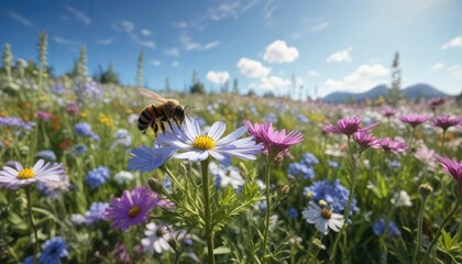 Obraz premium A solitary bee collects nectar from a colorful patch of wildflowers under clear blue skies, sunlight, insects, natural scenery
