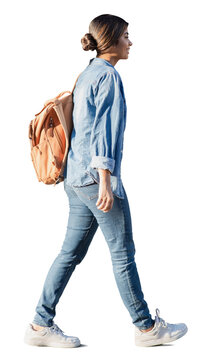 Full length portrait of a young woman walking isolated transparent PNG, student girl full body photo PNG with transparent background precisely cut out with clipping path.
