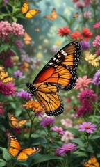 Naklejka premium A solitary monarch butterfly perched on a flower petal in a garden full of other colorful butterflies, solitary, garden , butterflies