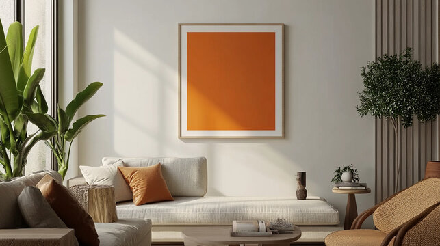 Sala de estar moderna con sof&aacute; beige, cojines naranjas, decoraci&oacute;n natural y cuadro minimalista naranja en la pared.

