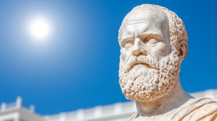 Obraz premium Ancient Greek Philosopher Statue in Bright Sunlight with Clear Blue Sky Backdrop