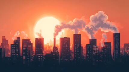 Fototapeta premium Smoky silhouettes of a city skyline against a vibrant sunset backdrop
