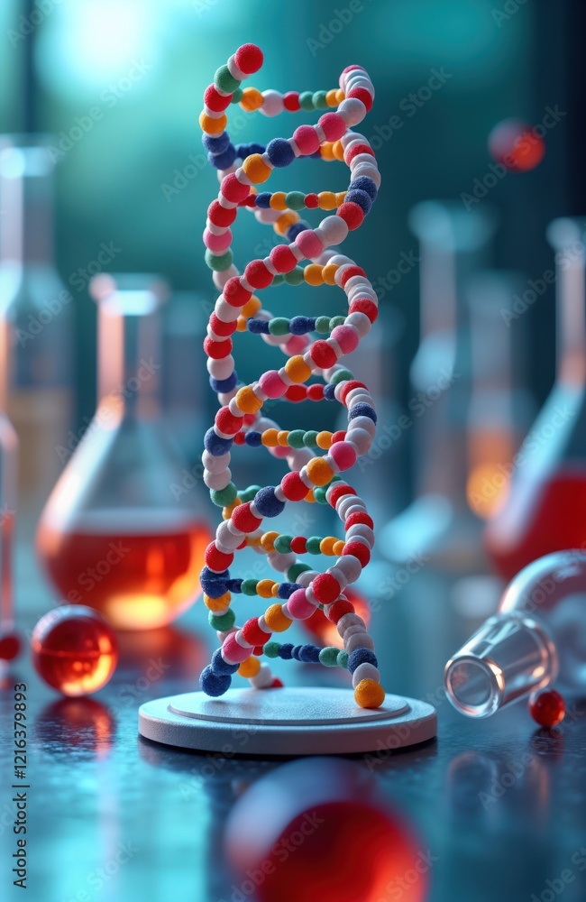 Poster colorful dna model sits on lab desk with various lab glassware. modern biochemical research on dna s