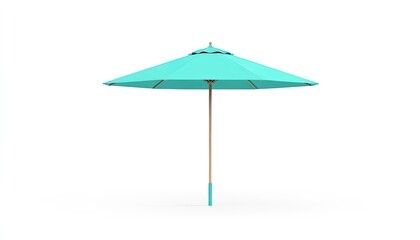 Fototapeta premium Vibrant turquoise beach umbrella standing alone on a white background, evoking summer leisure vibes