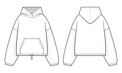 Hooded jacket Technical Fashion Illustration. Oversized-Fit Hoodie with Kangaroo Pocket and Garterized Cuffs and drawstring Hem vector template. Casual street wear. Unisex. CAD Mockup Set.