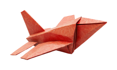 Crafting an intricate origami airplane with vibrant red paper in a serene indoor setting isolated on transparent background