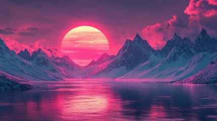 A vibrant, neon-themed digital landscape featuring stylized mountains created with grid patterns.