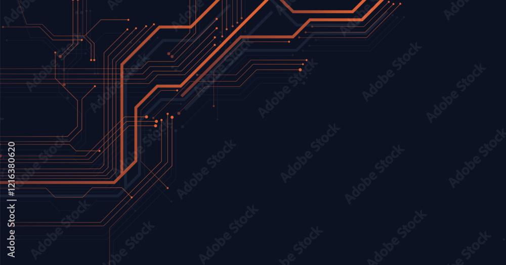 Poster orange circuit diagram on dark blue background. digital circuit board technology background for inte