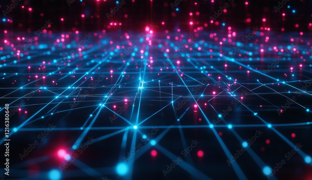 Poster abstract network connection, glowing nodes and lines, digital technology background.