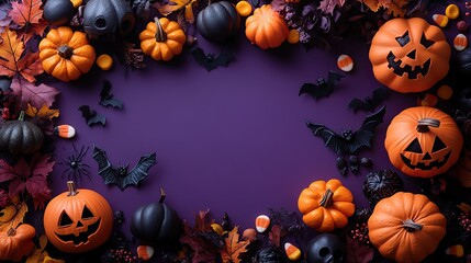 Halloween themed vertical background featuring candy corn, pumpkins, skeletons, and spooky decorations like bats and spiders on a purple surface with a dark, eerie atmosphere