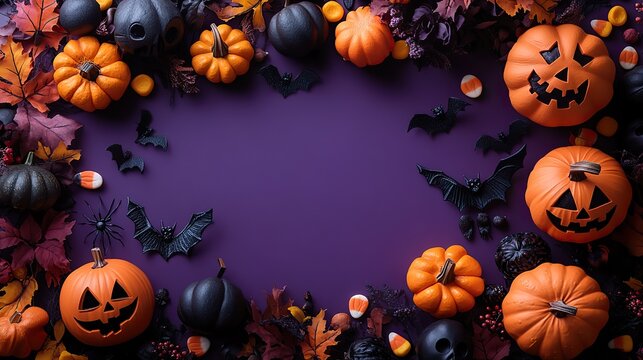 Halloween themed vertical background featuring candy corn, pumpkins, skeletons, and spooky decorations like bats and spiders on a purple surface with a dark, eerie atmosphere