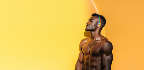 Man with a contemplative expression standing against a vibrant yellow backdrop during golden hour