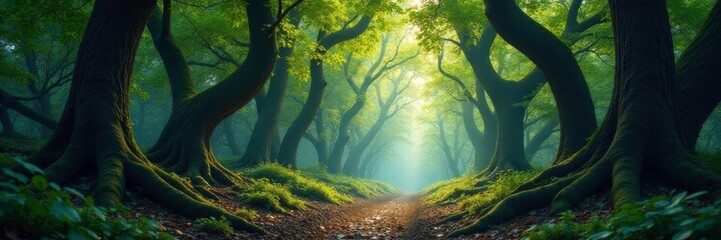 a forest of trees with branches tangled and twisted, tangled branches, tangled roots