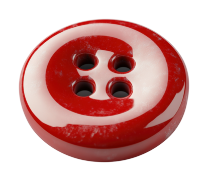 Bright red button with four holes, reflecting light and showcasing its glossy finish isolated on transparent background