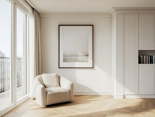Fototapeta premium Sunlight Streams into Modern Room with Armchair, Artwork, and Wooden Floors, Creating a Serene Atmosphere.