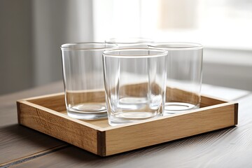 Four Empty Clear Glasses on Wooden Tray