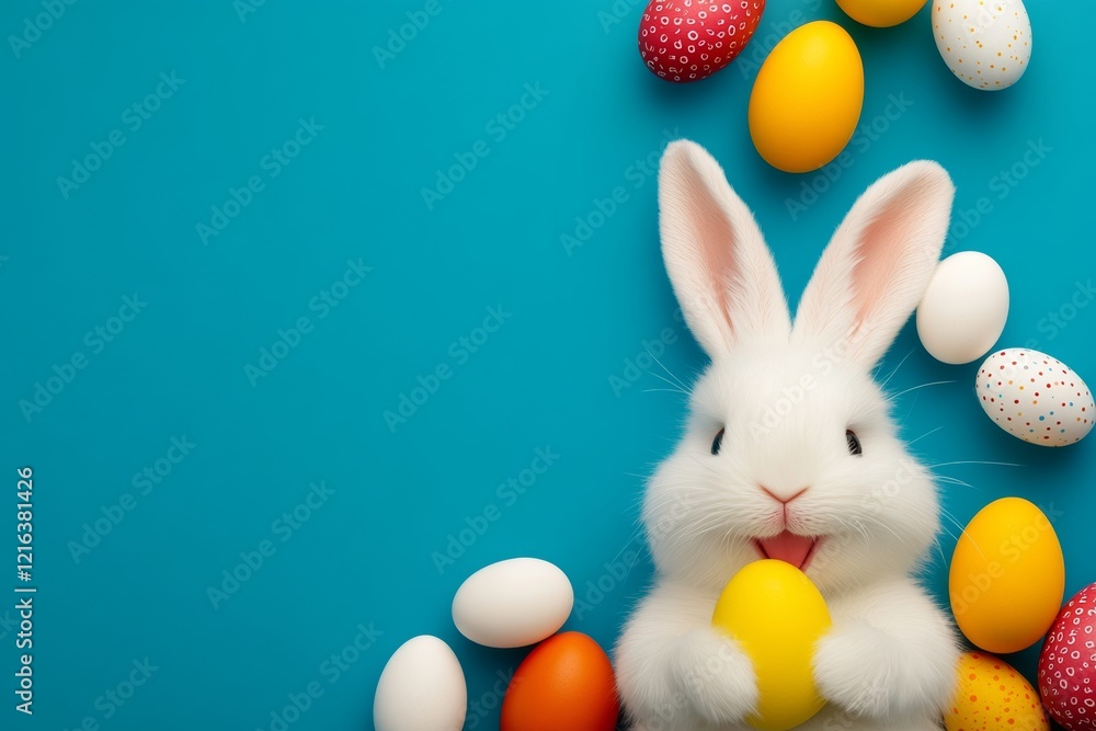 Poster white rabbit is holding an egg in its mouth. the image is of a blue background with a variety of egg