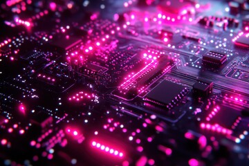 Obraz premium Distorted circuit board with fading lights, scattered across a vibrant, glitch-filled digital display