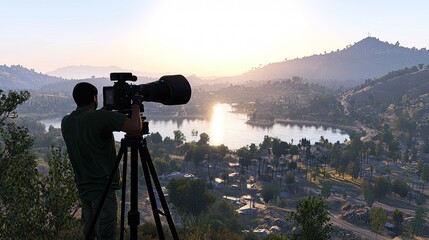 Photographer capturing sunrise over serene lake and hills in early morning light