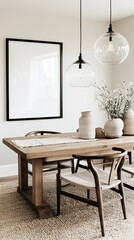 Modern Minimalist Dining Room Decor with Wooden Table,  Pendant Lights, and Neutral Tones