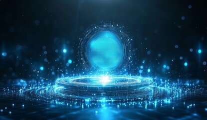 Glowing blue orb on digital platform.