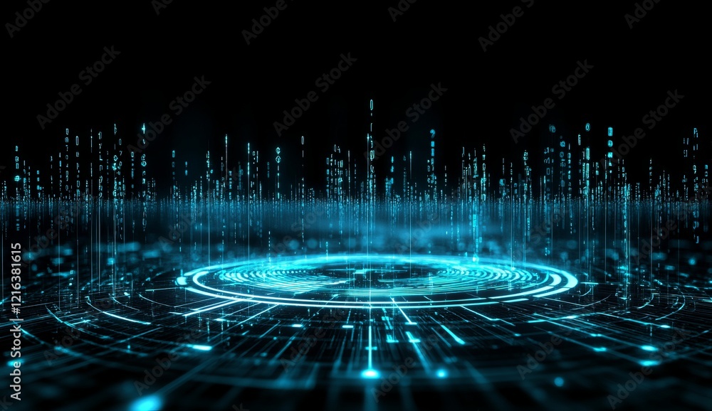 Poster futuristic digital city scape with glowing circular interface.