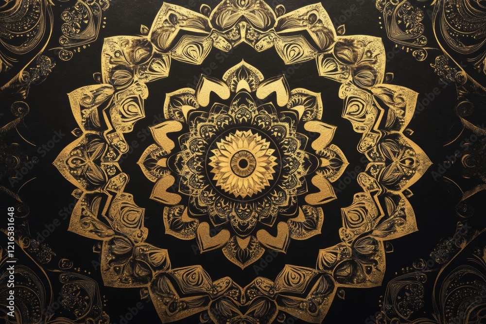 Poster an elaborate mandala design showcases intricate patterns in rich golden tones against a deep black b
