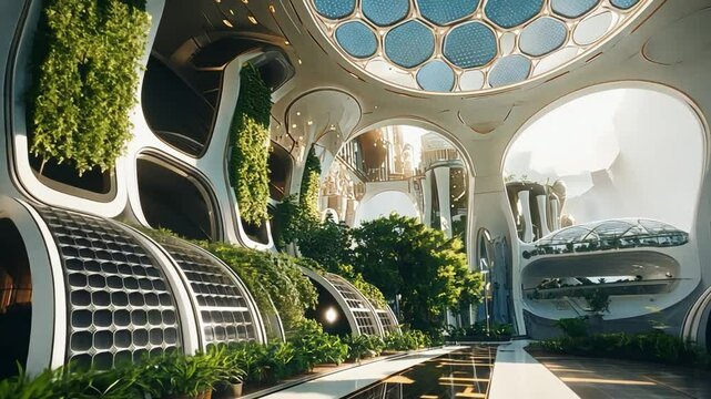 A futuristic, domed city with vertical gardens and solar-powered buildings.