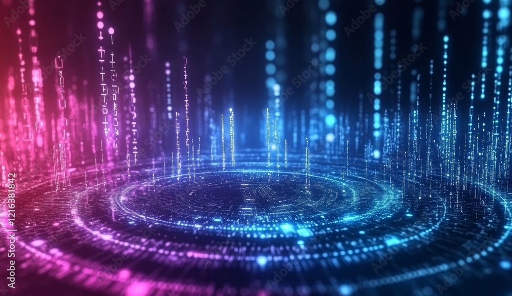 Poster abstract digital data streams converge in a vibrant circular pattern.