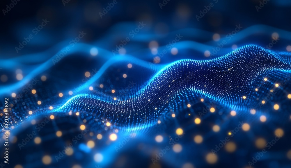 Poster Abstract blue wave of particles, glowing dots, digital data flow.