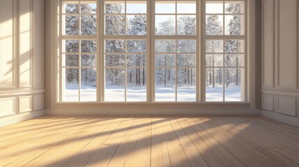 a room with a large window and a wooden floor