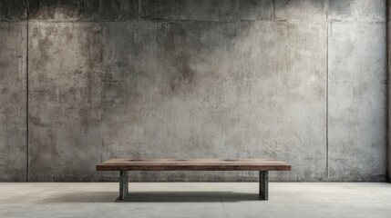 a wooden bench sitting in front of a concrete wall