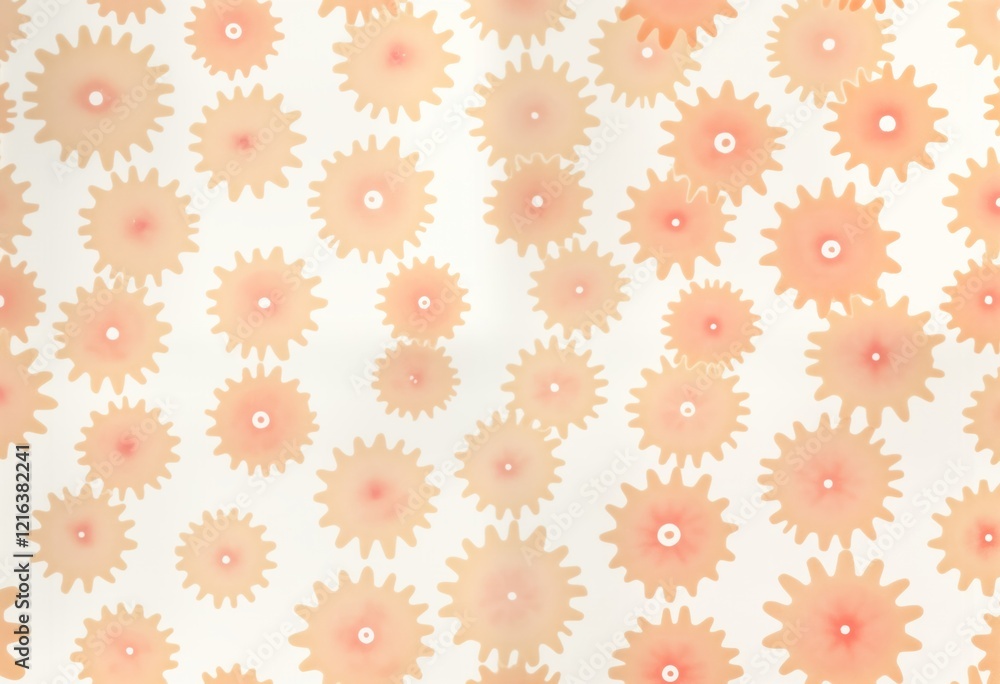 Poster Abstract pattern design featuring numerous small circular forms with radiating lines. Soft peach, light orange colors create subtle texture effect. Forms resemble stylized gears biological cells.