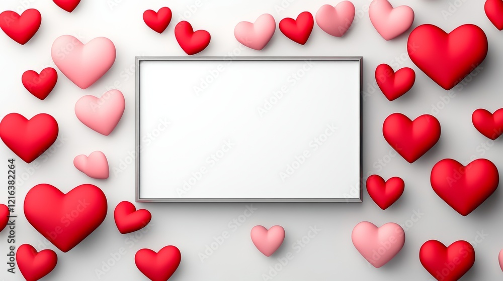 Poster white frame with a red heart in the middle surrounded by many red hearts. the frame is empty