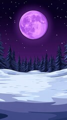 Fototapeta premium Pixelated Purple Moon Illuminating a Snowy, Silhouetted Winter Forest at Night