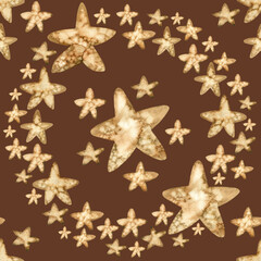 Hand drawn watercolor illustration hand drawn golden stars wreath pattern. Cosmic cookies textured vintage drawing on brown background. For fabric, sketchbook, wallpaper, wrapping paper, cards gift