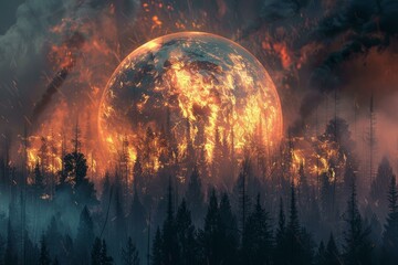 Planet earth burning rising above a forest fire, concept of climate change and global warming