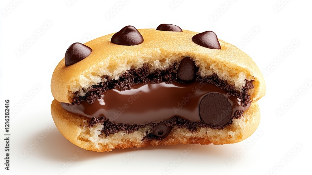 Poster cookie with chocolate chips and a bite taken out of it. the cookie is open and has a hole in the mid
