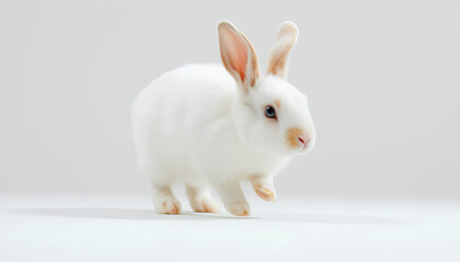 A cute white rabbit on a white background, fluffy and small, with soft fur and big ears, looking adorable and tame