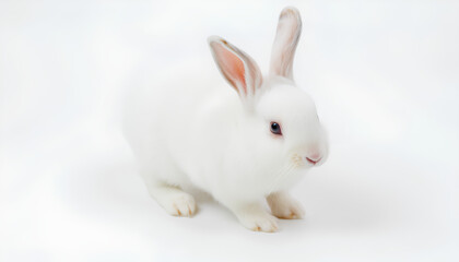 Fototapeta premium A cute white rabbit on a white background, fluffy and small, isolated and adorable, with long ears, perfect for an Easter theme or as a pet