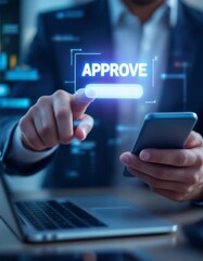 Business professional approving transaction using digital interface with mobile and laptop