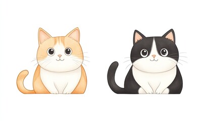 Two adorable cartoon cats, one orange and one black and white, sitting side by side on a white background