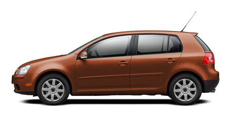 Modern European car with a side view, hatchback body, all brown. In png format on a transparent background.