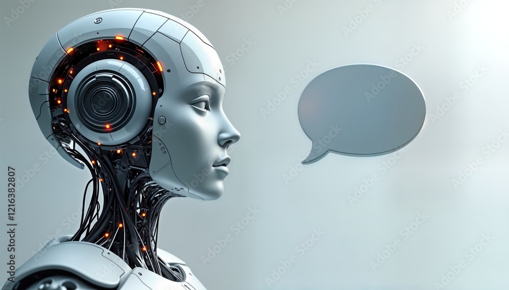 Poster Futuristic asexual bot head profile view. Android head with speech bubble. Wireframe style, low poly design. AI chatbot concept. Modern tech design. Robotic head displays communication. Cybernetic