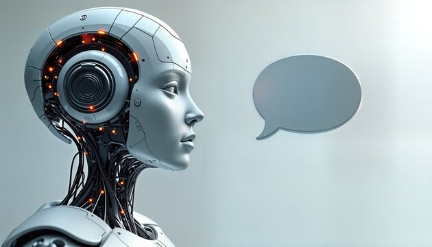 Futuristic asexual bot head profile view. Android head with speech bubble. Wireframe style, low poly design. AI chatbot concept. Modern tech design. Robotic head displays communication. Cybernetic